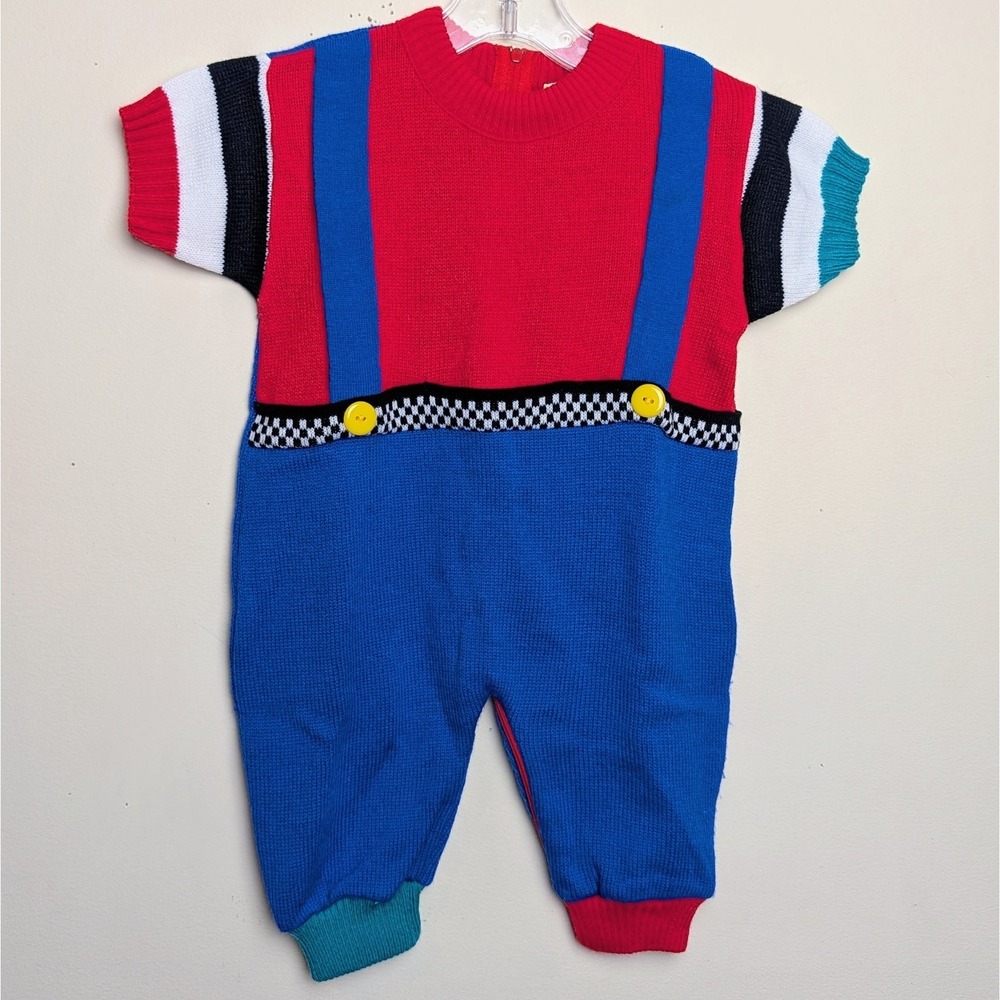 Vintage Mario Style 80s Acrylic Cute Colorblock One Piece Romper 3-6 Months